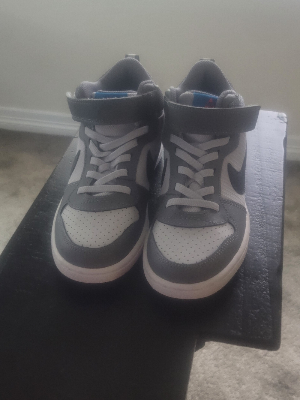 Nike Kids Gray and White High-Top Sneakers with Blue Accent